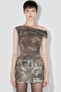 Camo Mesh Off Shoulder T-Shirt
