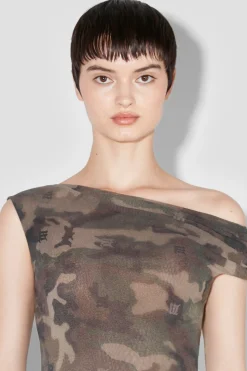 Camo Mesh Off Shoulder T-Shirt