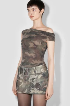 Camo Mesh Off Shoulder T-Shirt