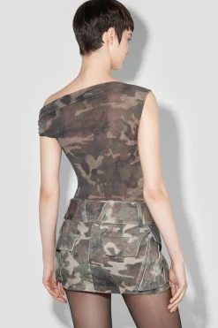 Camo Mesh Off Shoulder T-Shirt
